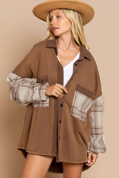 Long Sleeve With Plaid Detail Sleeve Shacket