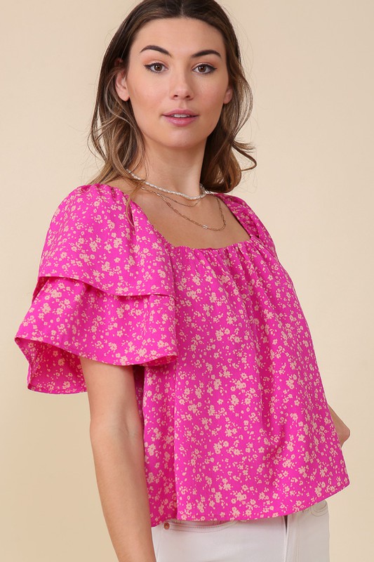 SMOCKED SQUARE NECK FLORAL BLOUSE WITH OPEN BACK