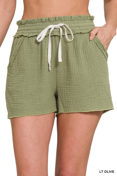 DOUBLE ELASTICBAND DRAWSTRING WAIST SHORTS