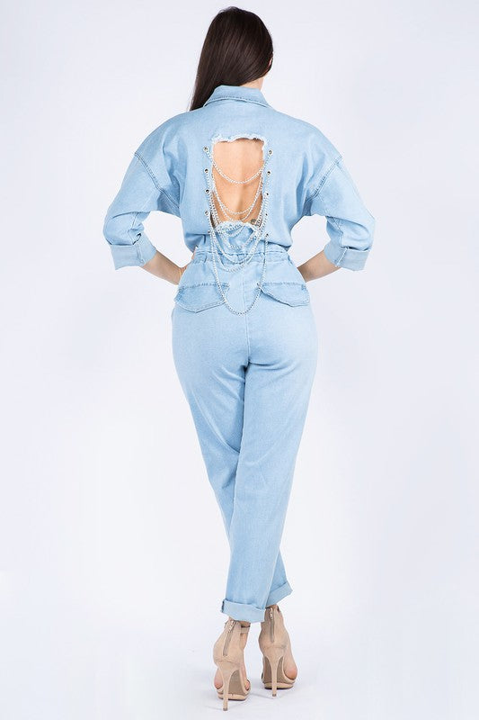 ROLL UP CHAIN BACK DENIM JUMPSUITS