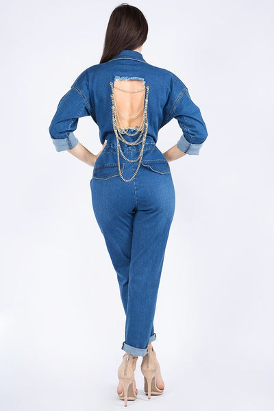 ROLL UP CHAIN BACK DENIM JUMPSUITS