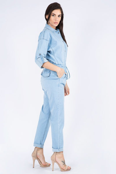 ROLL UP CHAIN BACK DENIM JUMPSUITS