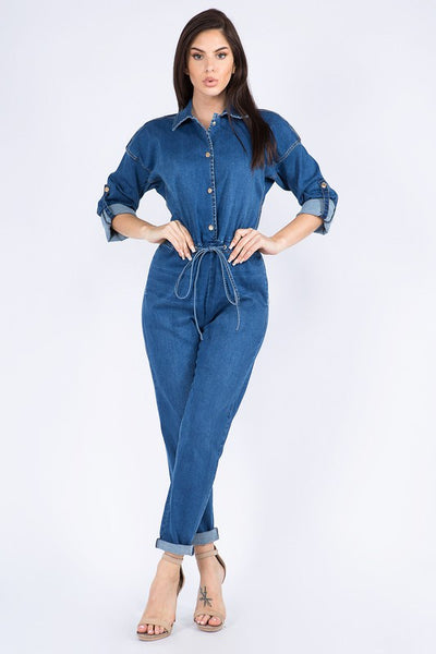 ROLL UP CHAIN BACK DENIM JUMPSUITS