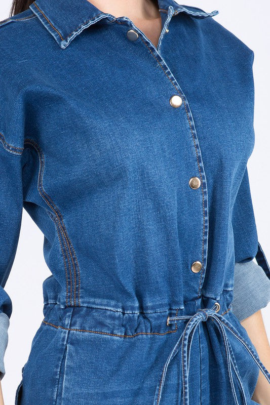 ROLL UP CHAIN BACK DENIM JUMPSUITS