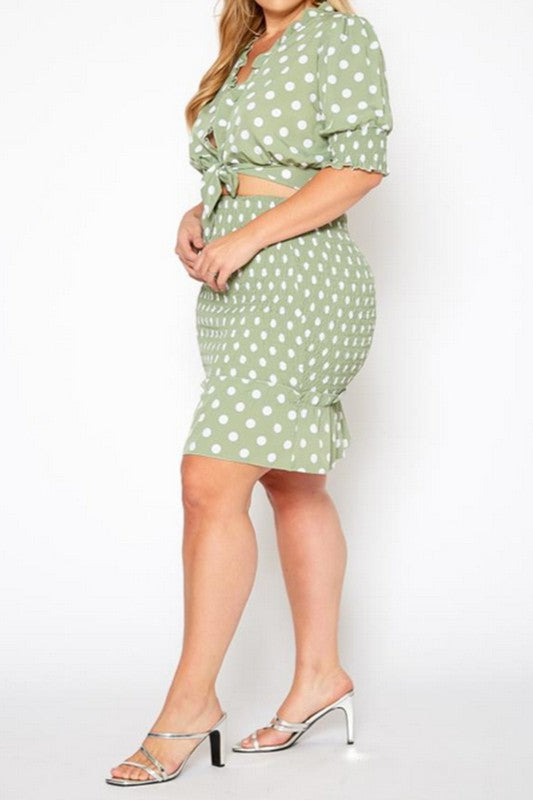 Plus Size Polka Dot Print Crop Top &Mini Skirt Set