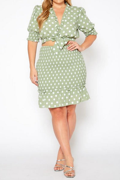 Plus Size Polka Dot Print Crop Top &Mini Skirt Set