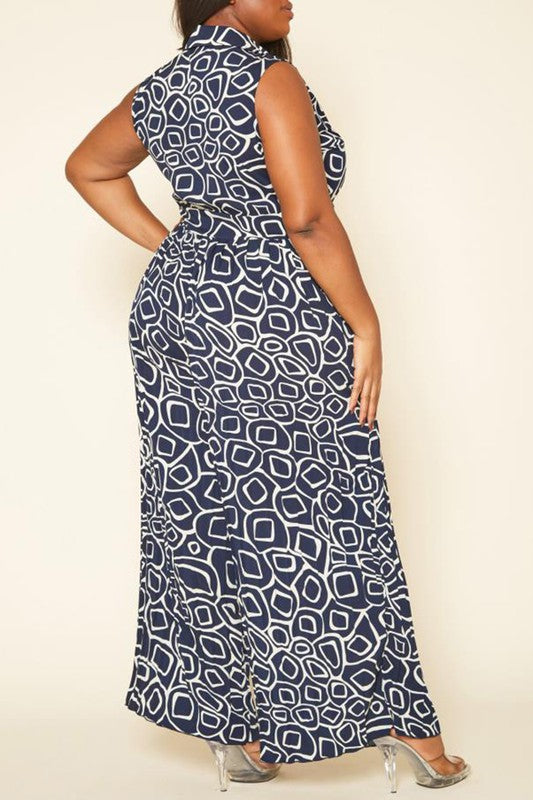 Plus Size Abstract Print Wide Flare Jumpsuit