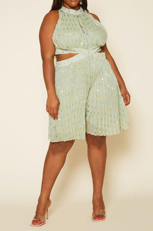 Plus Size Pleated Polka Dot Cut Out Romper