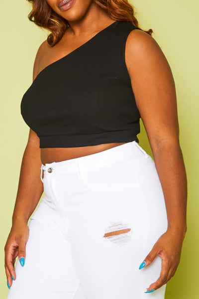 Plus Size Ribbed One Sleeve Crop Top
