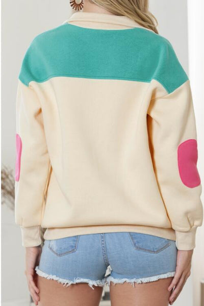 Color Block Half Snap Drawstring Sweatshirt