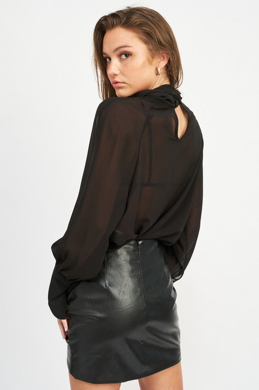 CONTRASTED SHEER TOP WITH SCARF DETAIL