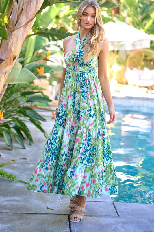 PRINTED SMOCKED RUFFLE MAXI DRESS