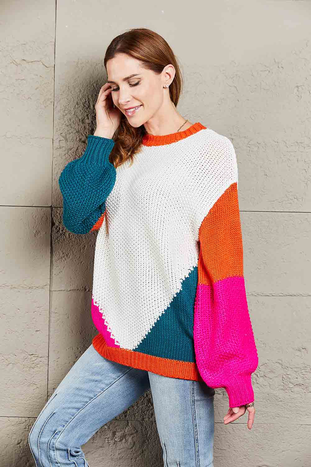 Double Take Color Block Round Neck Drop Shoulder Sweater