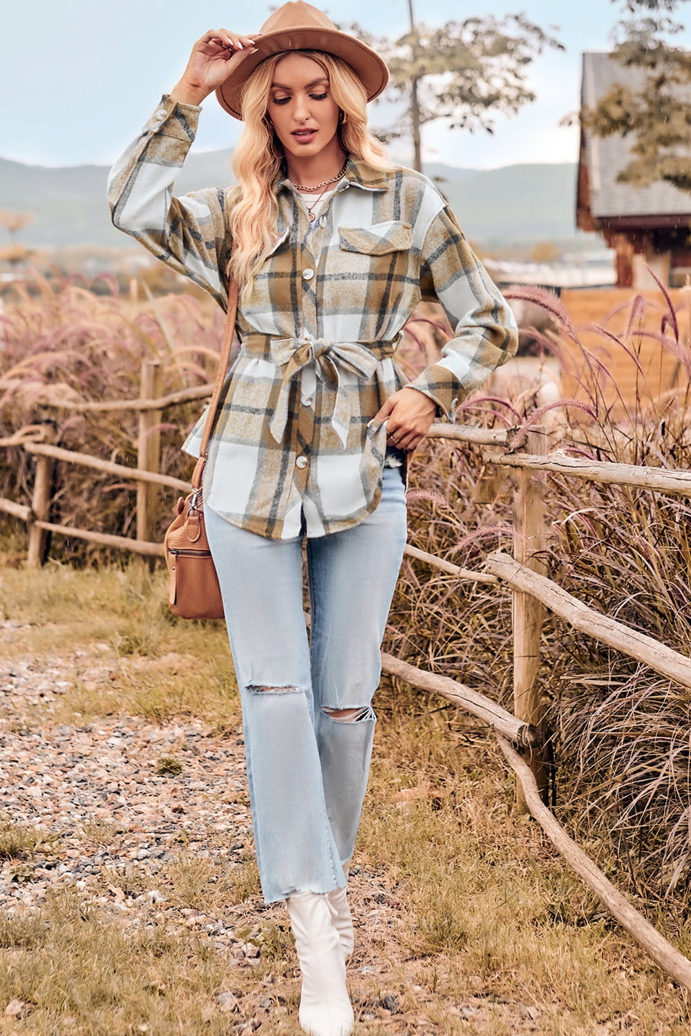 Plaid Collared Neck Bow Front Long Sleeve Jacket
