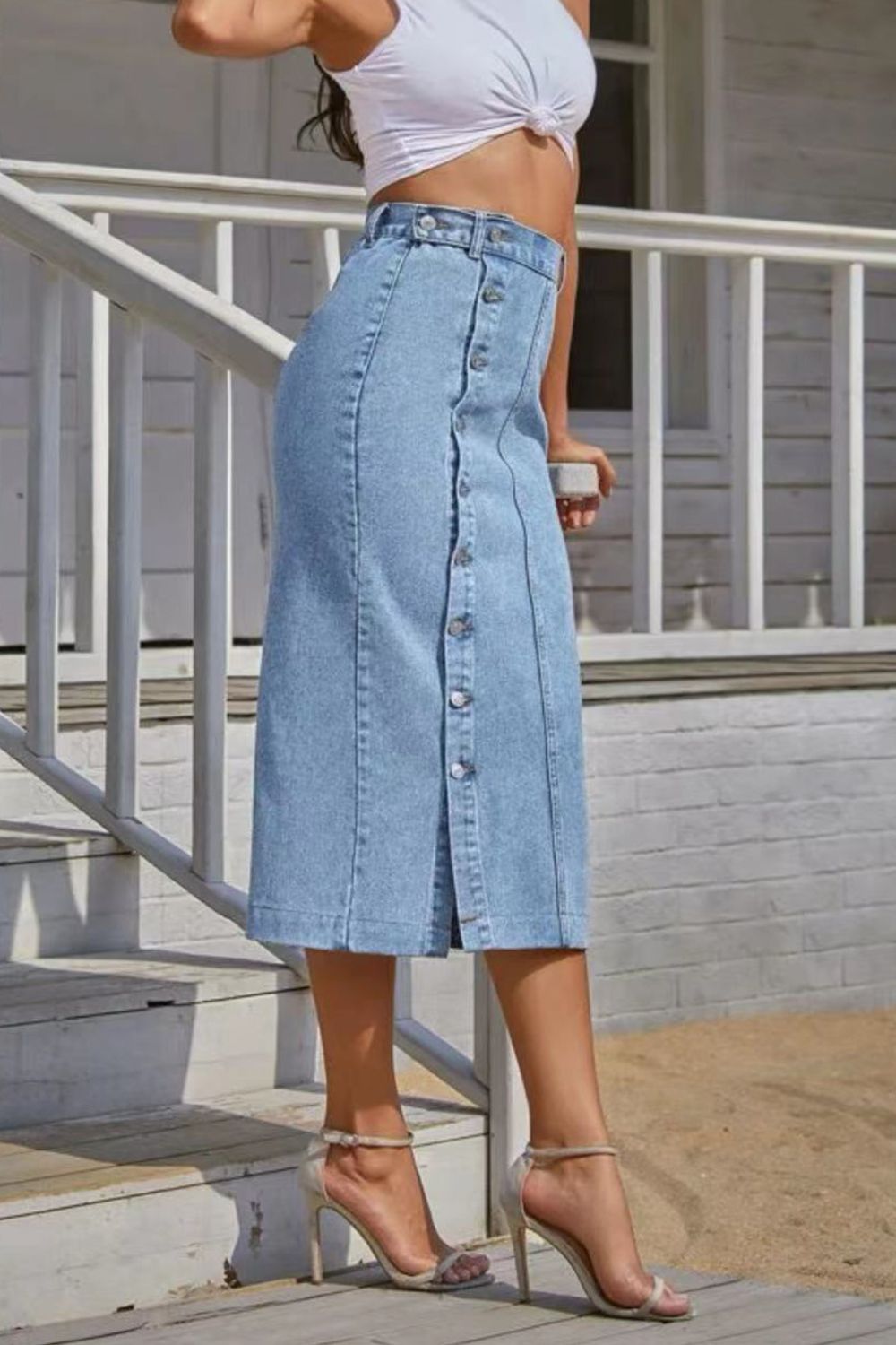 Button Split Denim Skirt