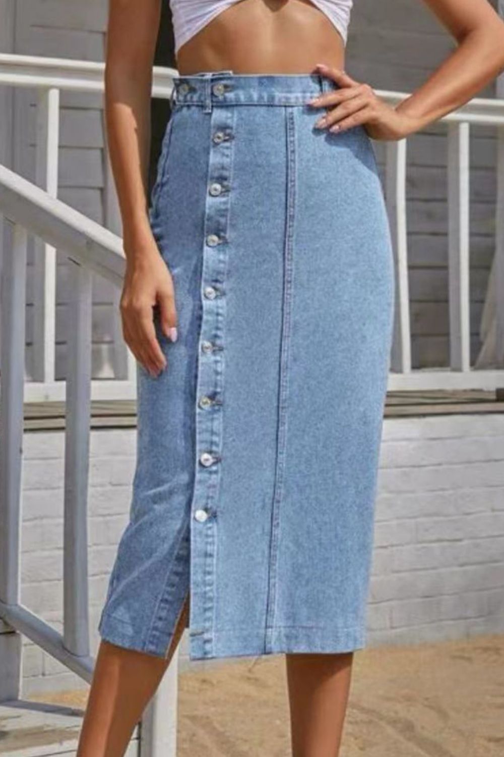 Button Split Denim Skirt