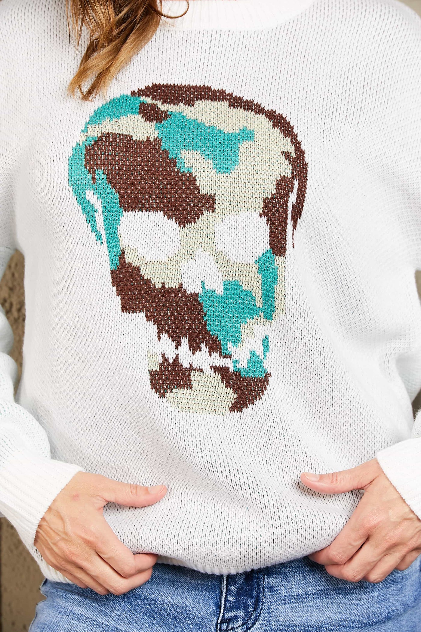 Woven Right Skull Graphic Drop Shoulder Sweater