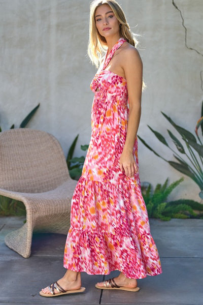 PRINTED SMOCKED RUFFLE MAXI DRESS