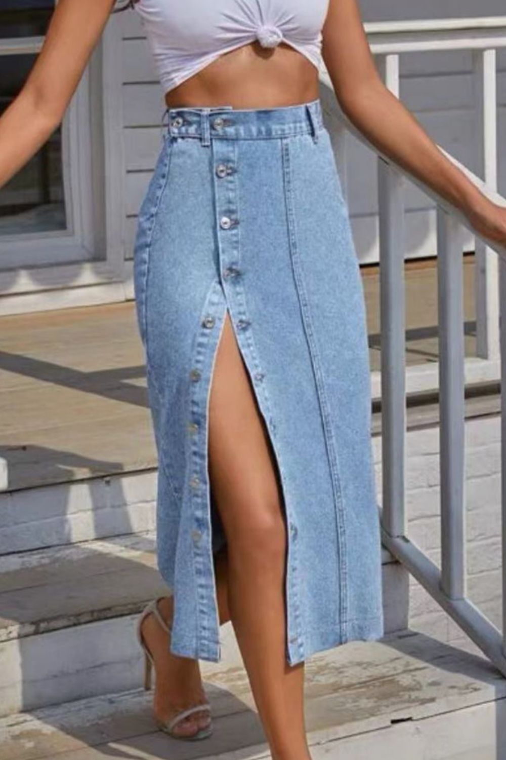 Button Split Denim Skirt