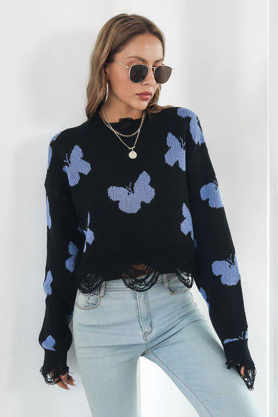 Printed Round Neck Ribbed Long Sleeve Sweater