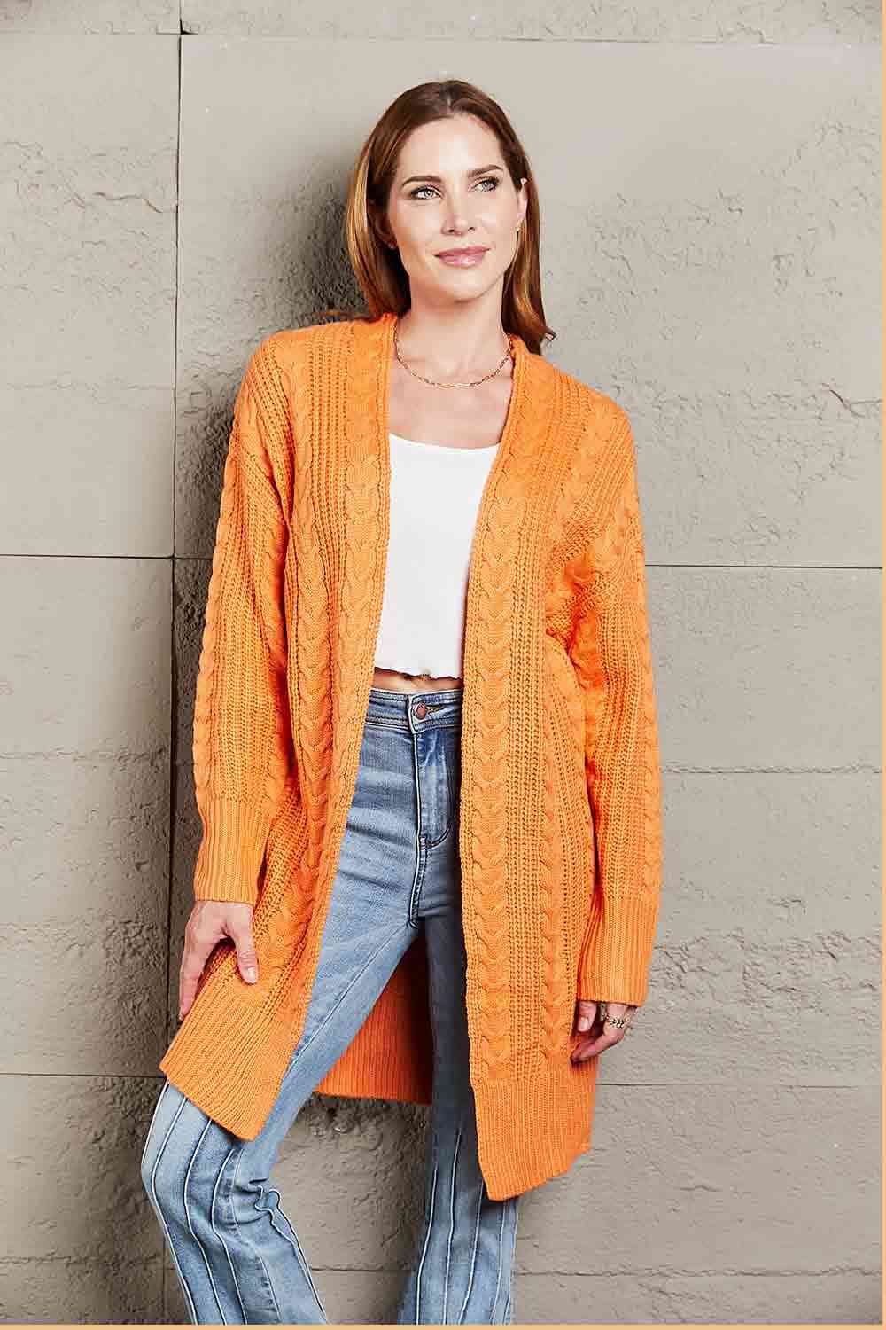 Double Take Cable-Knit Open Front Sweater Cardigan