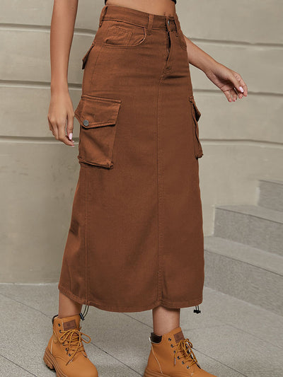 Drawstring Denim Skirt with Pockets