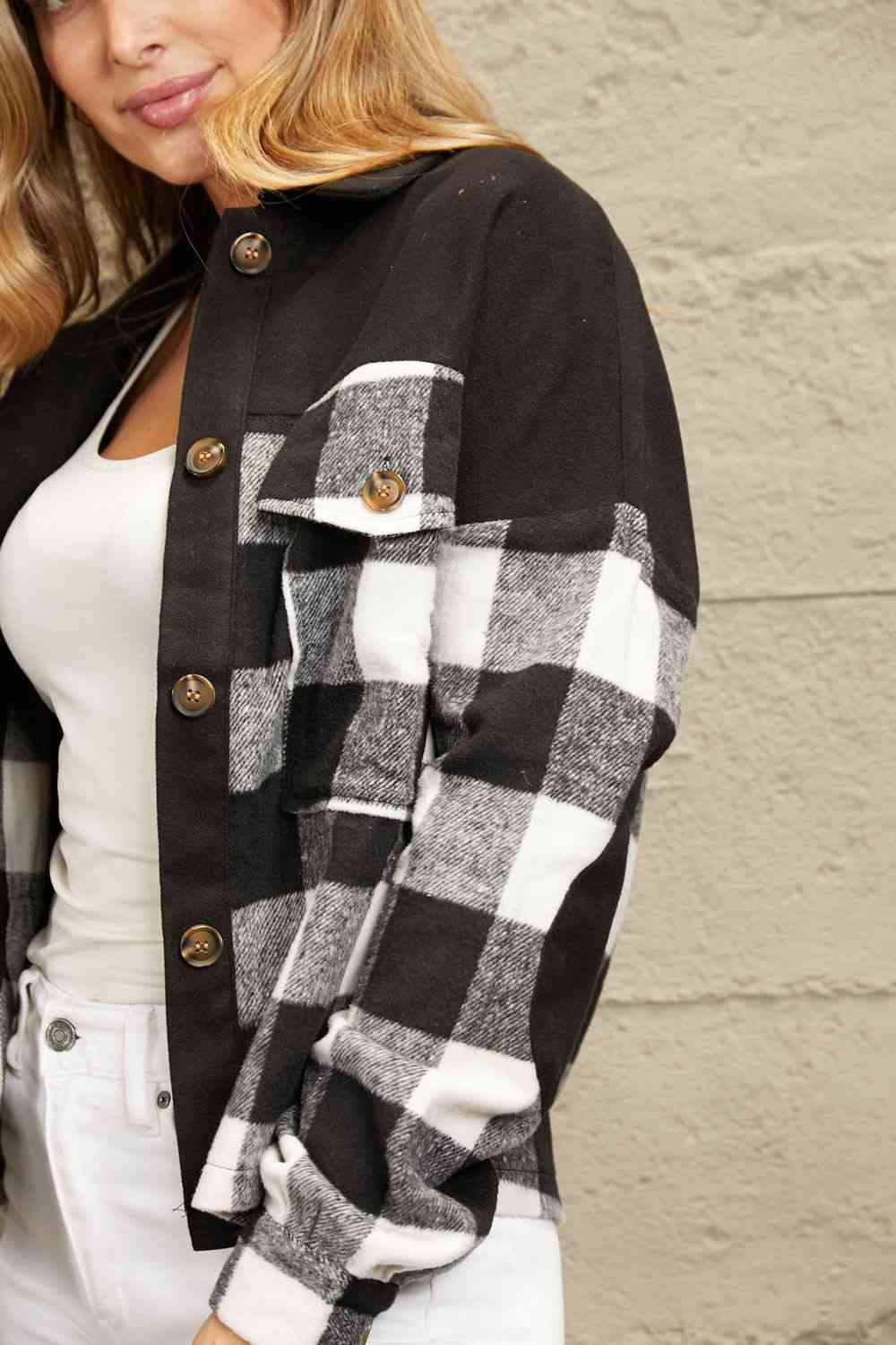 Double Take Plaid Button-Up Shirt Jacket with Pockets